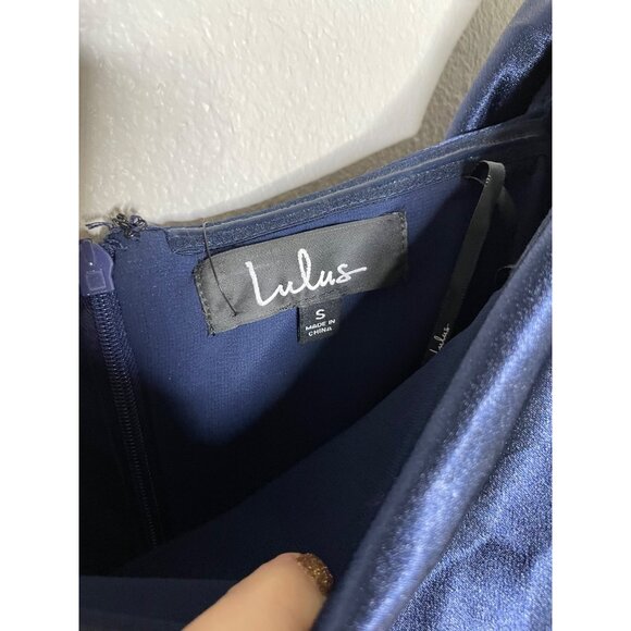 Lulus Pure Happiness Navy Blue Dress Size Small Satin Off-the-Shoulder Long New - Picture 8 of 12